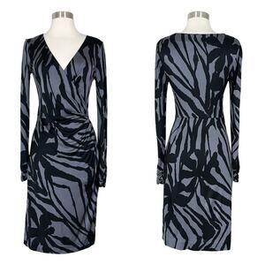 Tory Burch | Silk Grey Black Print Ruched Faux Wrap Long Sleeve Designer Dress S